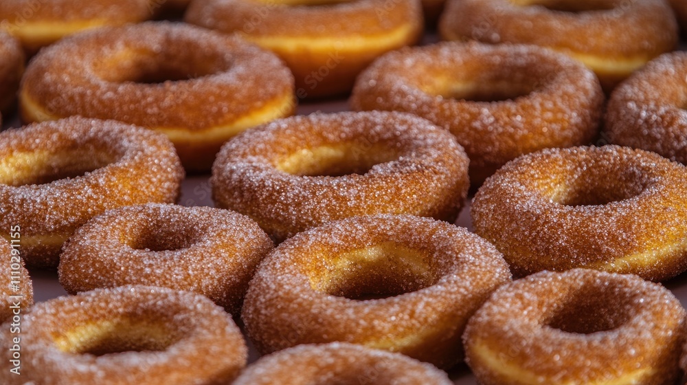 Freshly made sweet round doughnuts with sugar coating arranged neatly showcasing the indulgent treats in a delightful food display Freshly made sweet round doughnuts with sugar coating arranged neatly showcasing the indulgent treats in a delightful food display