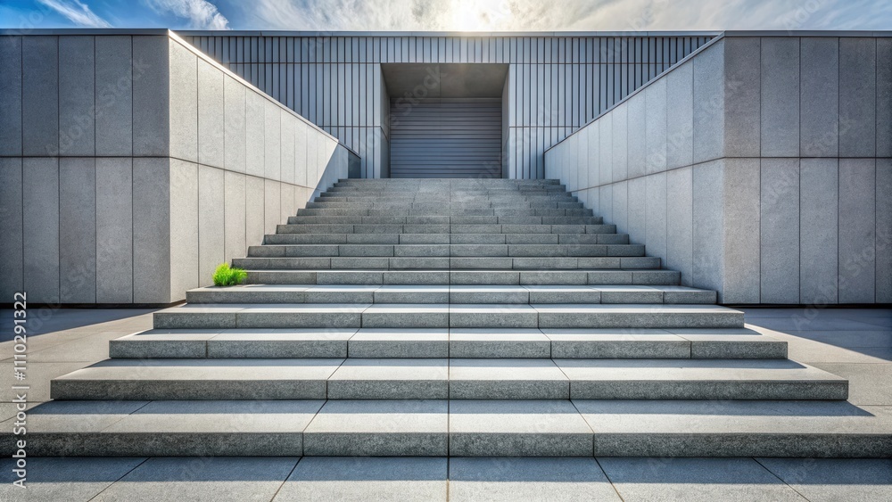 Fototapeta premium A long staircase leading towards a doorway with a modern gray facade in the background
