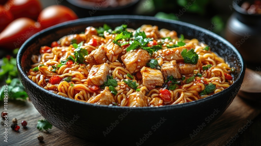Spicy chicken noodles with mixed vegetables served in a black bowl garnished with cilantro and sesame seeds on a wooden table Spicy chicken noodles with mixed vegetables served in a black bowl garnished with cilantro and sesame seeds on a wooden table