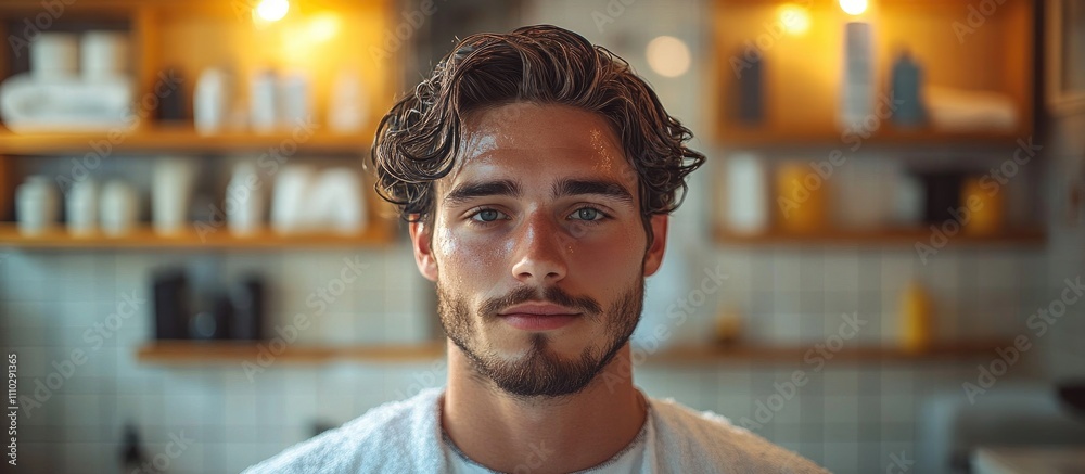 Hairdresser styling a man's hair in a modern bathroom setting with shelves of grooming products and warm lighting ambiance Hairdresser styling a man's hair in a modern bathroom setting with shelves of grooming products and warm lighting ambiance