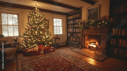 Cozy living room featuring a beautifully decorated tree, twinkling lights reflecting off ornaments.