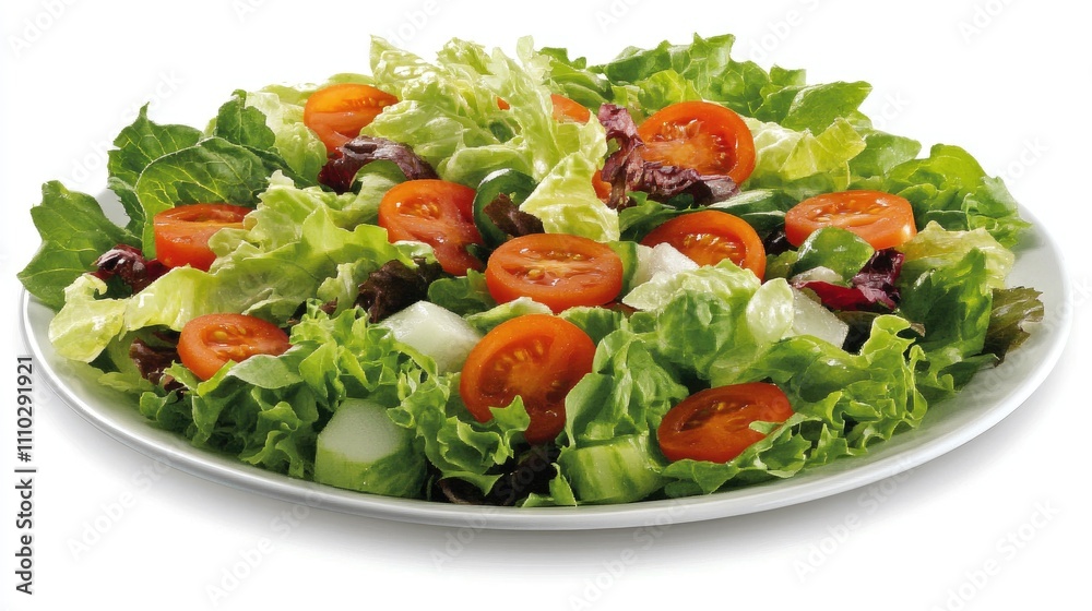 Fresh garden salad with vibrant mixed greens and cherry tomatoes served on a white plate for a healthy meal option. Fresh garden salad with vibrant mixed greens and cherry tomatoes served on a white plate for a healthy meal option.