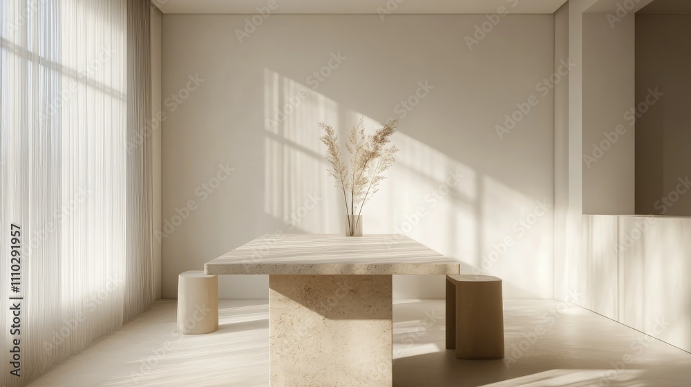 Small meeting room with a rectangular beige stone table, white walls, and a clean aesthetic for focused discussions Small meeting room with a rectangular beige stone table, white walls, and a clean aesthetic for focused discussions