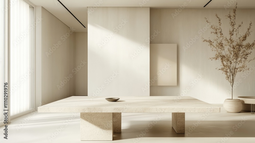 Small meeting room with a rectangular beige stone table, white walls, and a clean aesthetic for focused discussions