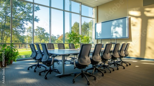 Stylish conference room with ergonomic chairs, neutral walls, minimal decor, and floor-to-ceiling windows for a contemporary vibe