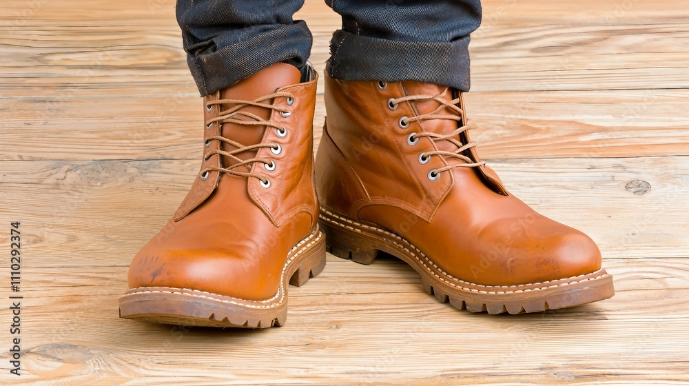 Stylish Brown Leather Boots with Laces on Wooden Floor Background Stylish Brown Leather Boots with Laces on Wooden Floor Background