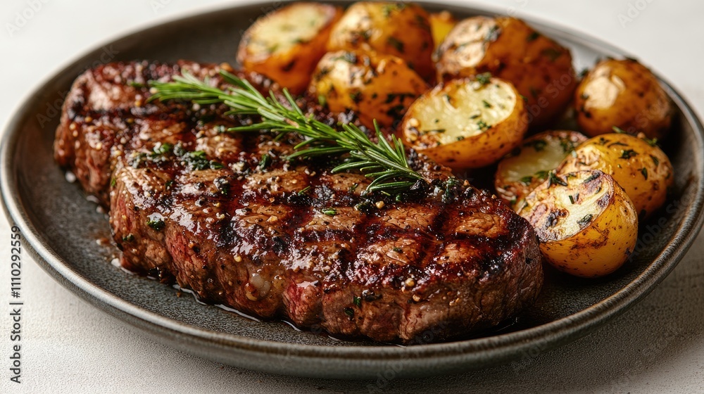 Grilled beef steak with rosemary and seasoned potatoes on a plate viewed from above against a white background Grilled beef steak with rosemary and seasoned potatoes on a plate viewed from above against a white background