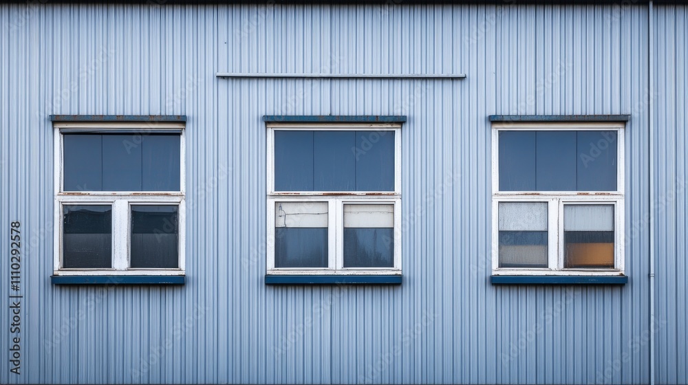Fototapeta premium Blue vertical wall with three rectangular windows showcasing modern architectural design and texture details in urban setting.