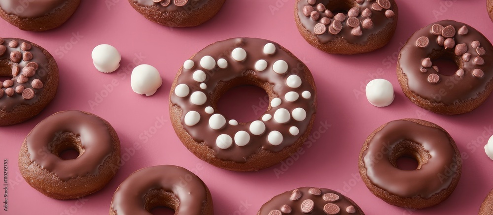 Chocolate doughnuts adorned with festive toppings and traditional Hanukkah gelt coins on a vibrant pink background for celebration theme Chocolate doughnuts adorned with festive toppings and traditional Hanukkah gelt coins on a vibrant pink background for celebration theme
