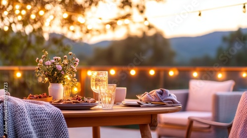 A charming terrace displays a table with dishes and drinks, all aglow under warm string lights at dusk photo