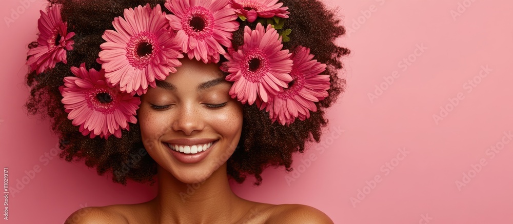 Joyful woman with flower crown smiling against a pink background celebrating beauty and happiness in a vibrant lifestyle setting Joyful woman with flower crown smiling against a pink background celebrating beauty and happiness in a vibrant lifestyle setting