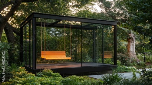 Glass-enclosed swing in tranquil garden setting.