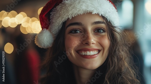 Happy Woman Wearing Santa Hat at Christmas Office Party