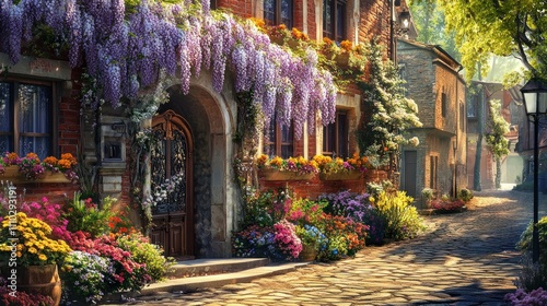 Blooming European Village Street: A picturesque cobblestone street lined with vibrant flowers and charming brick houses, creating a breathtakingly idyllic scene.