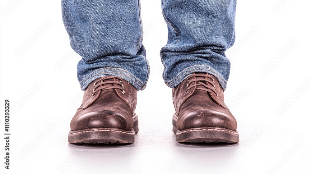 Men's brown leather boots paired with blue jeans on a white background representing casual fashion style Men's brown leather boots paired with blue jeans on a white background representing casual fashion style