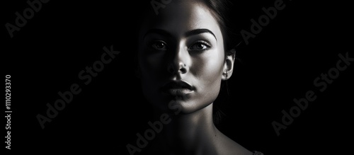 High contrast black and white portrait of a woman with striking features illuminated against a dark background