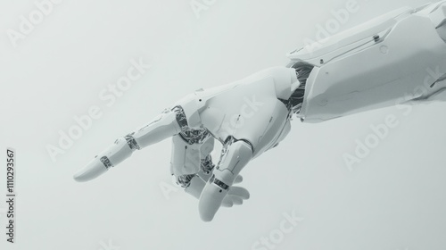 Minimalist cybernetic hand pointing forward, clean mechanical structure, white background simplicity