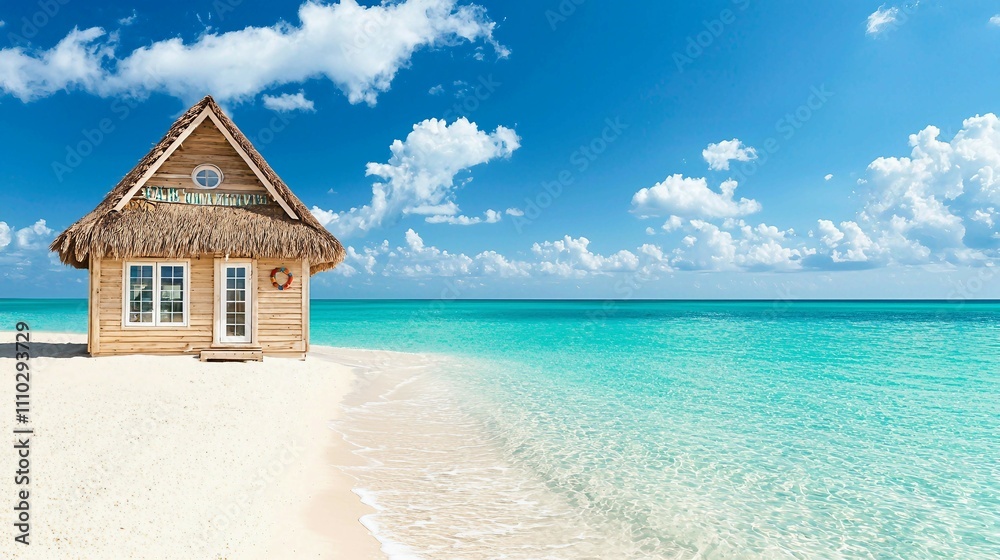 Cozy Beach Hut with Thatched Roof by Azure Ocean and Cloudy Sky Cozy Beach Hut with Thatched Roof by Azure Ocean and Cloudy Sky