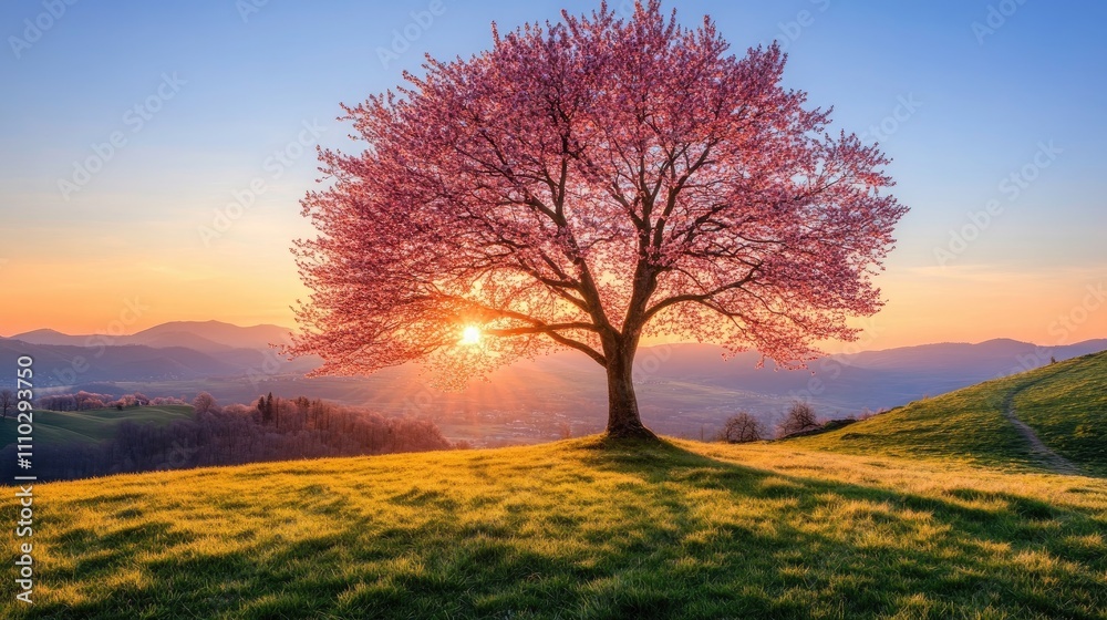 Blossoming chestnut tree under a vibrant sunset with rolling hills and a scenic landscape in the background. Blossoming chestnut tree under a vibrant sunset with rolling hills and a scenic landscape in the background.