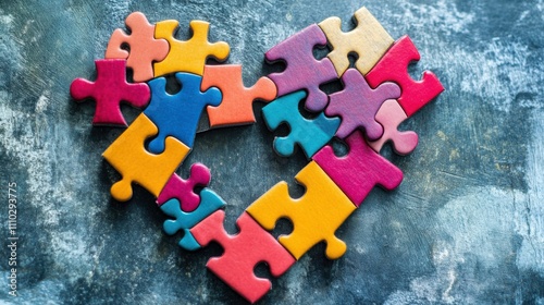 Colorful puzzle pieces fitting together to form a heart shape, symbolizing the completeness and strength of inclusivity, minimalistic photography style
