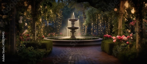 Fototapeta Naklejka Na Ścianę i Meble -  Romantic garden setting with a sparkling fountain illuminated by fairy lights and blooming flowers creating an enchanting atmosphere at night
