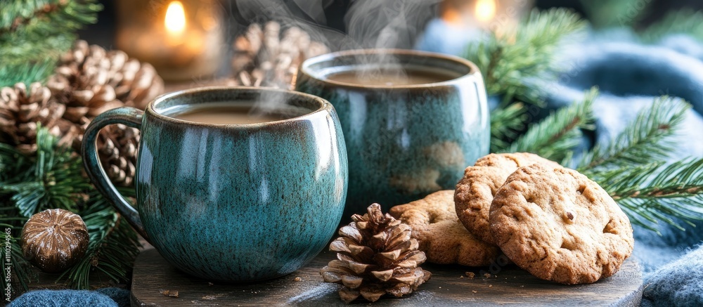 Cozy winter scene featuring two steaming mugs of tea accompanied by gingerbread cookies and festive pine decorations Cozy winter scene featuring two steaming mugs of tea accompanied by gingerbread cookies and festive pine decorations