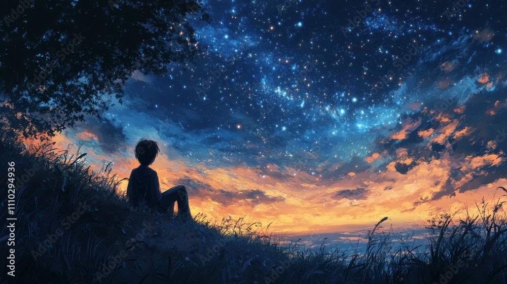 Serene silhouette sitting on a hillside, gazing at a starry sky, reflecting on hope and guidance. Serene silhouette sitting on a hillside, gazing at a starry sky, reflecting on hope and guidance.