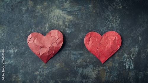 Red crumpled paper hearts on textured surface symbolizing love and affection for Valentine's Day or romantic themes