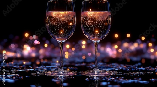 Sparkling Champagne Flutes  Romantic Night Lights  Festive Celebration