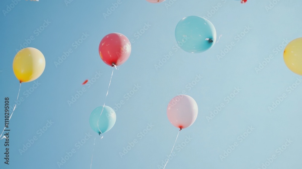 Different colored balloons floating in the sky, symbolizing joy and celebration of diversity, minimalistic photography style Different colored balloons floating in the sky, symbolizing joy and celebration of diversity, minimalistic photography style