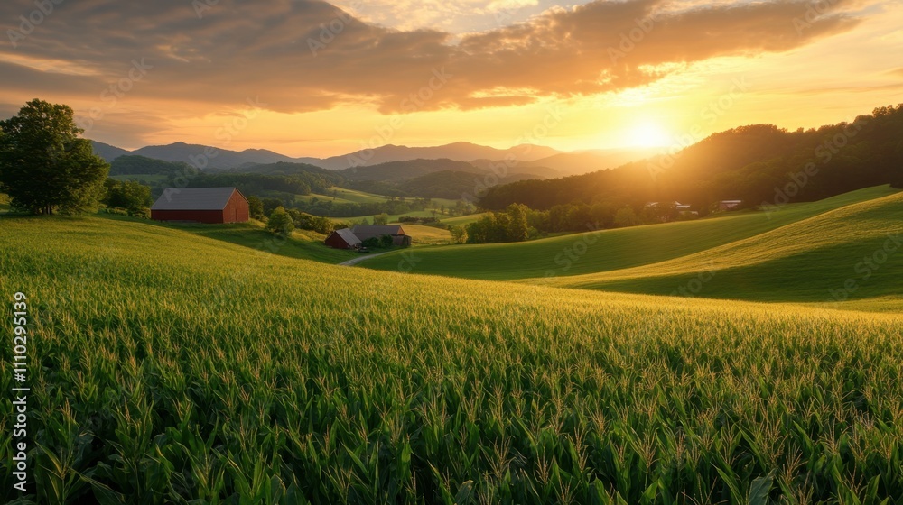 Sunset over lush cornfields countryside nature photography rural landscape serene view agriculture