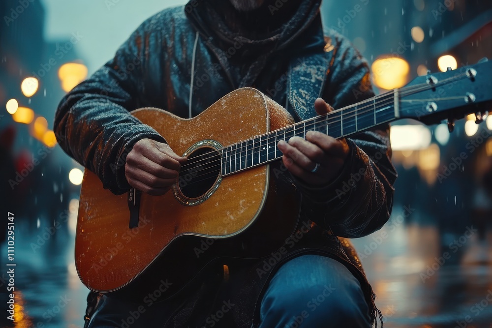 Obraz premium Musician Performing with Guitar in Evening Street Festival