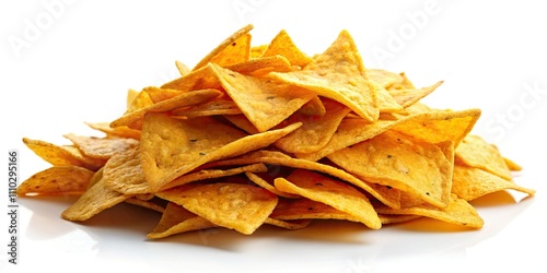 Crispy Nacho Chips, Mexican Snack Food, Crunchy Salty Tortilla Chips, White Background