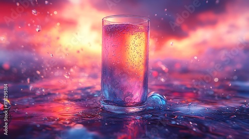 Sparkling Water Glass Colorful Sunset Abstract Background