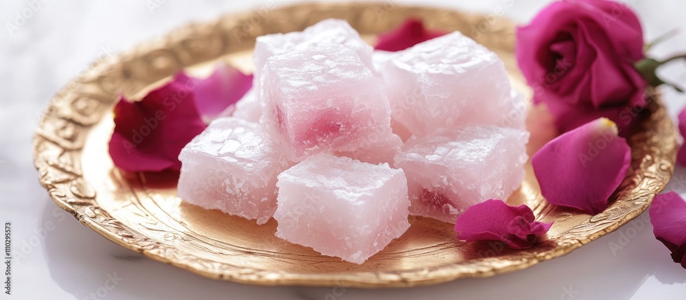 Rose flavored Turkish Delight garnished with rose petals served on an ornate gold plate against a clean white backdrop close up shot Rose flavored Turkish Delight garnished with rose petals served on an ornate gold plate against a clean white backdrop close up shot