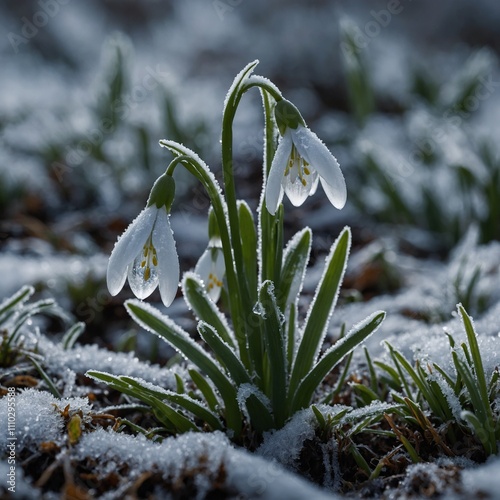 A snowdA snowdrop flower emerging from the frost.rop flower emerging from the frost. photo