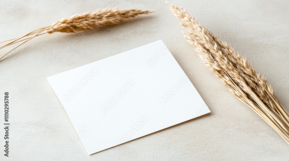 Elegant blank invitation card mockup with dried grass accents on a soft beige background suitable for event planning and design presentations Elegant blank invitation card mockup with dried grass accents on a soft beige background suitable for event planning and design presentations