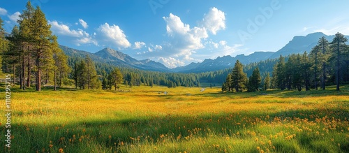 Fototapeta Naklejka Na Ścianę i Meble -  Serene landscape of sunny day in national park with vibrant wildflower meadows and majestic mountains under a clear blue sky.