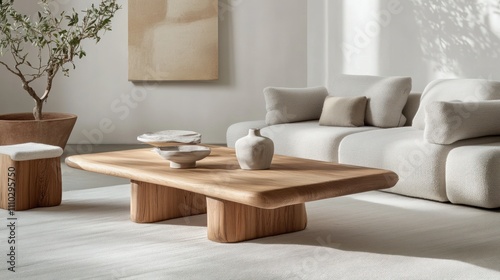 Modern Japandi living room with a sleek wooden coffee table, soft gray sofa, and minimalist decor elements