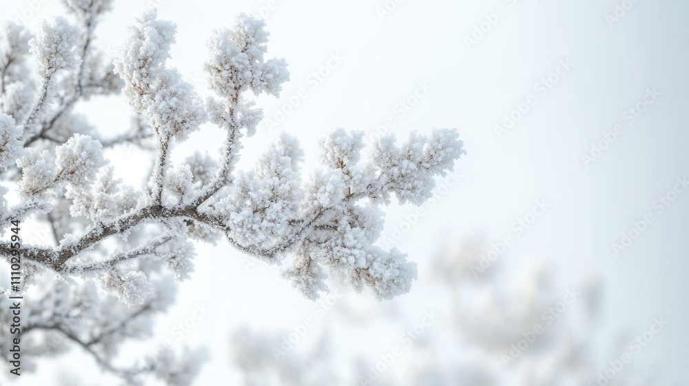 Frosted tree branches adorned with snowflakes creating a serene winter atmosphere against a soft white background Frosted tree branches adorned with snowflakes creating a serene winter atmosphere against a soft white background