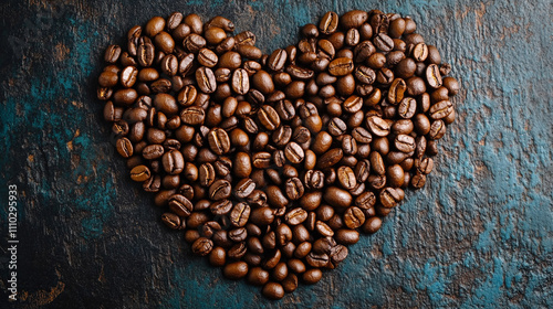 Coffee beans arranged in a heart shape symbolize warmth love and passion evoking a sense of connection energy and the comforting embrace of coffee's aromatic allure