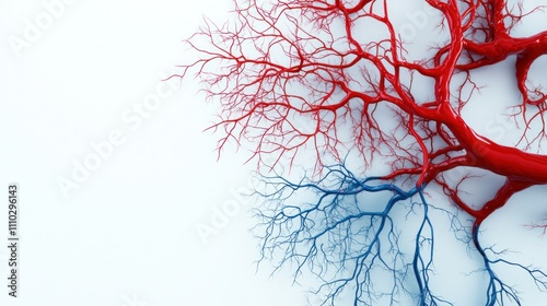 Network of red veins and blue arteries in a 3D rendered blood system, isolated on a white surface