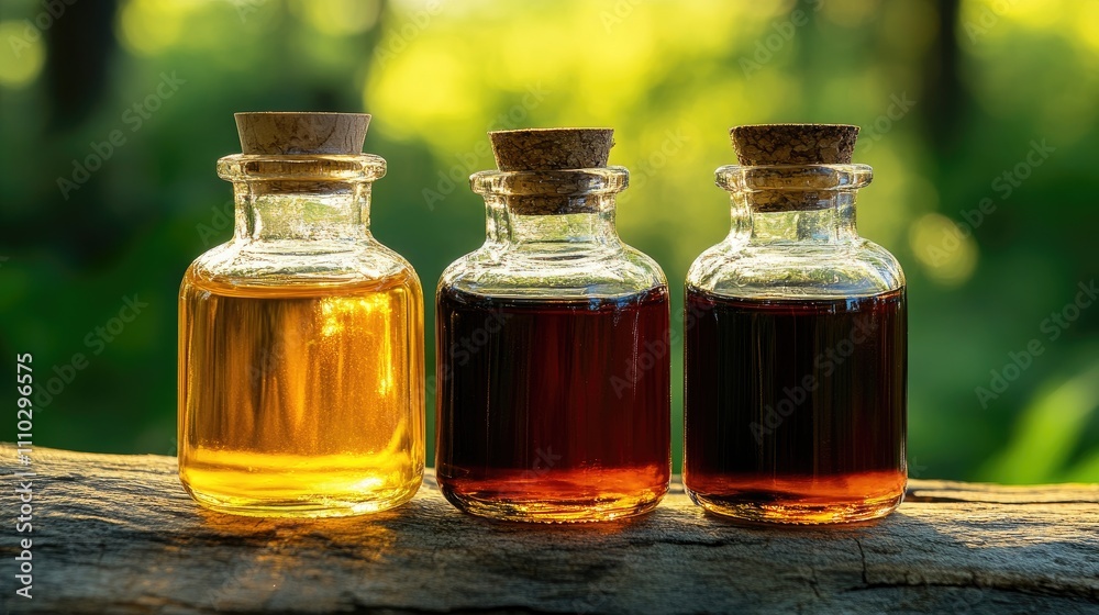 Bottles of virgin oil, balsamic vinegar, and dark vinegar on a wooden surface with a blurred green background, food ingredients, cooking, kitchen essentials, natural light. Bottles of virgin oil, balsamic vinegar, and dark vinegar on a wooden surface with a blurred green background, food ingredients, cooking, kitchen essentials, natural light.