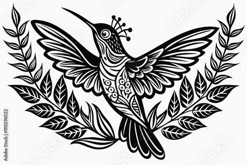 decorative hummingbird design with fine details, plants around G.eps