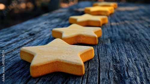 Wooden five star shapes lined on a rustic table symbolizing rating ranking evaluation and classification concept for reviews and feedback systems photo