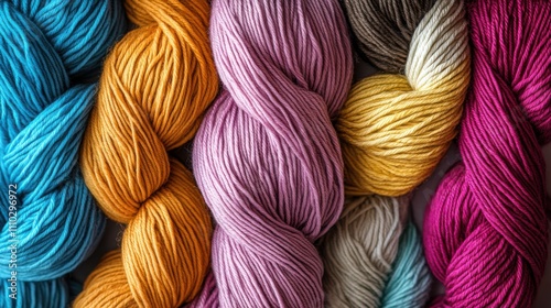 Different colored knitting yarns intertwined, symbolizing the interweaving of diverse lives, minimalistic photography style