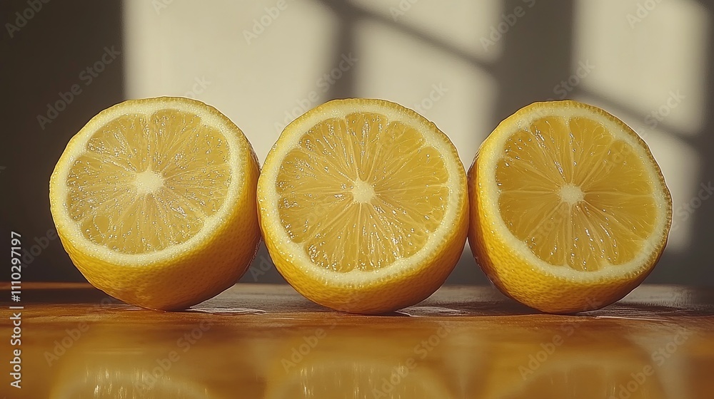 Sliced lemons arranged in a row showcasing vibrant yellow fruit against a soft white background for culinary or marketing use Sliced lemons arranged in a row showcasing vibrant yellow fruit against a soft white background for culinary or marketing use