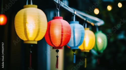 Different colored lanterns hanging together in a row, symbolizing the light of diversity and inclusion, minimalistic photography style photo