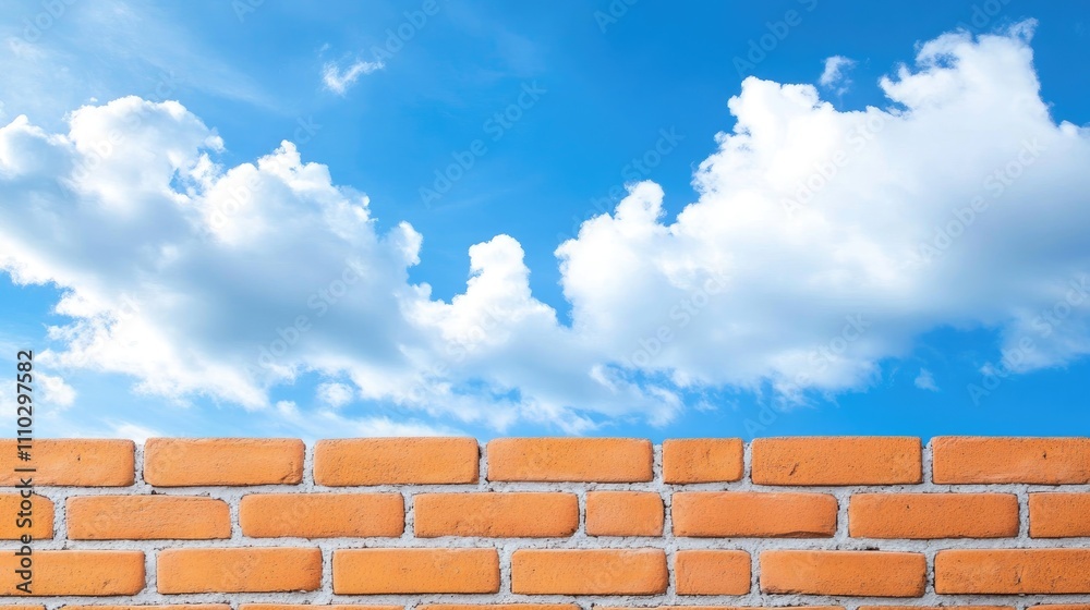 brick wall texture with vibrant blue sky and fluffy white clouds in the background for design and creative projects brick wall texture with vibrant blue sky and fluffy white clouds in the background for design and creative projects