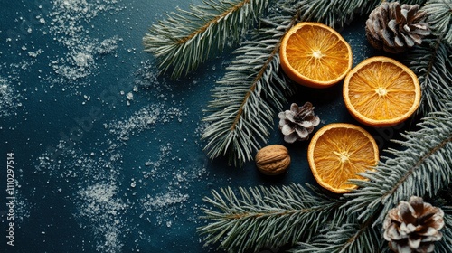 Winter Solstice arrangement with fir branches dried oranges nuts and pine cones on dark textured background for seasonal decor concepts